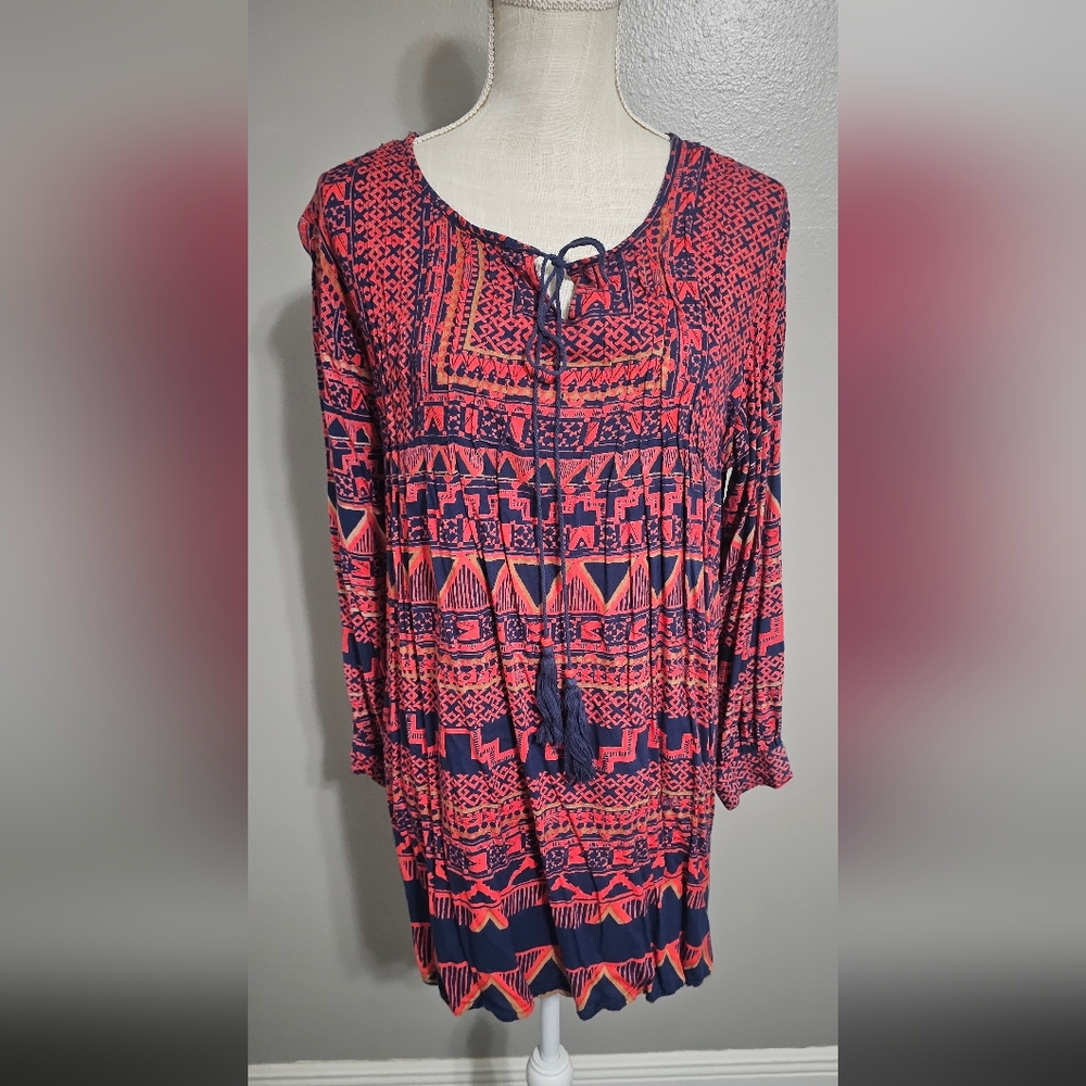 Angie Red and Blue Geometric Long Sleeve Dress